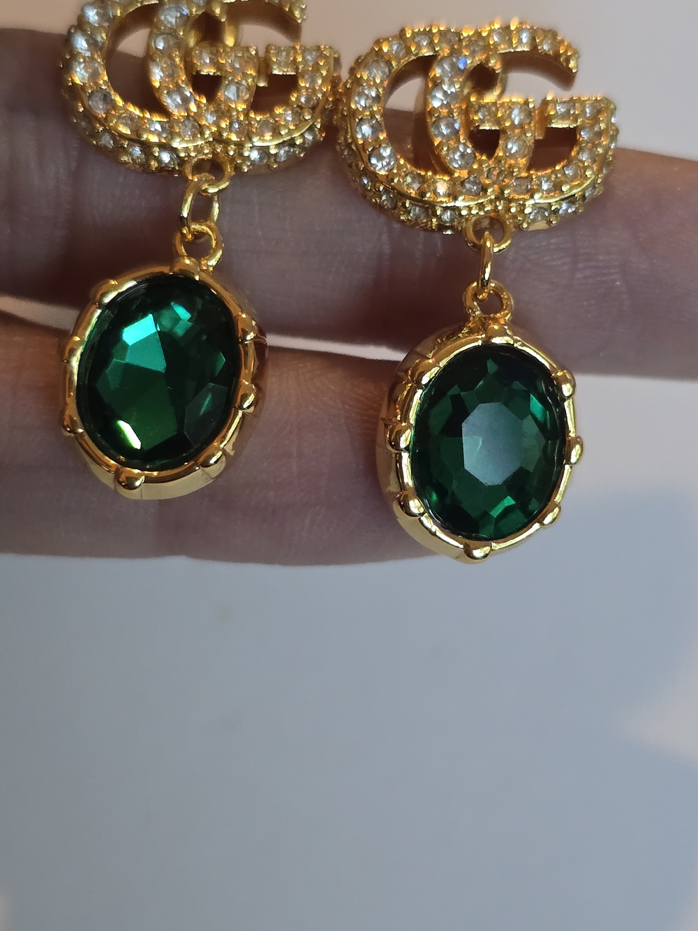 Gucci 18kgpGold-Tone Earrings with Emerald Green Gem Drops - Picture 6 of 8